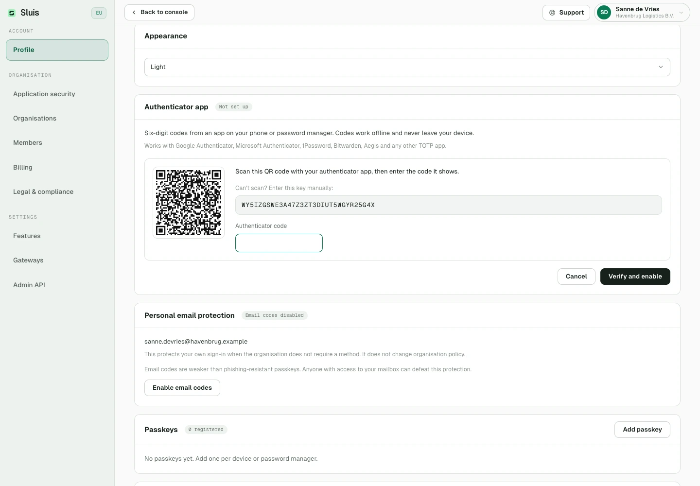 Profile: set up an authenticator app as your second factor.