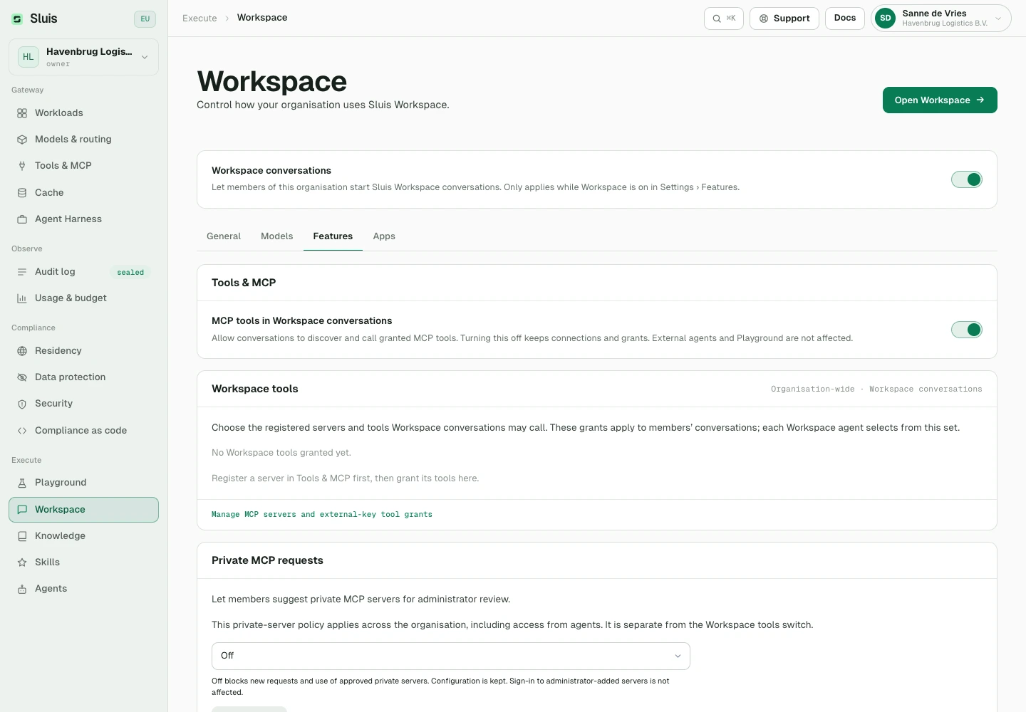 Organisation controls for attachments, document creation, Knowledge screening, web search, MCP tools and sub-agents.