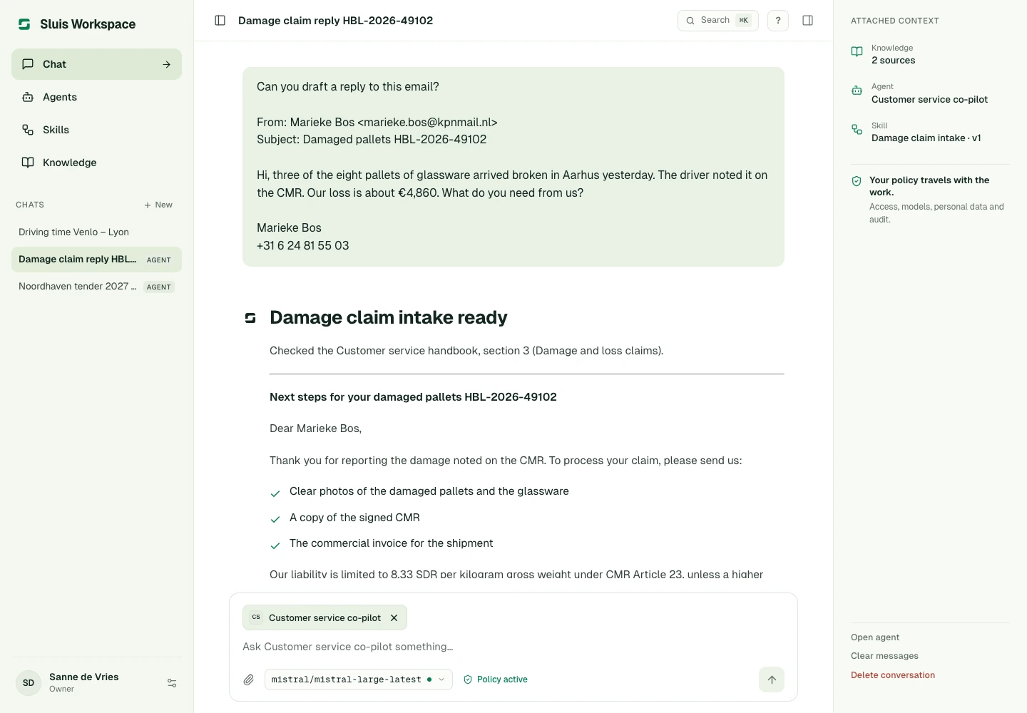 A conversation with the chat list, a completed example answer and the composer.