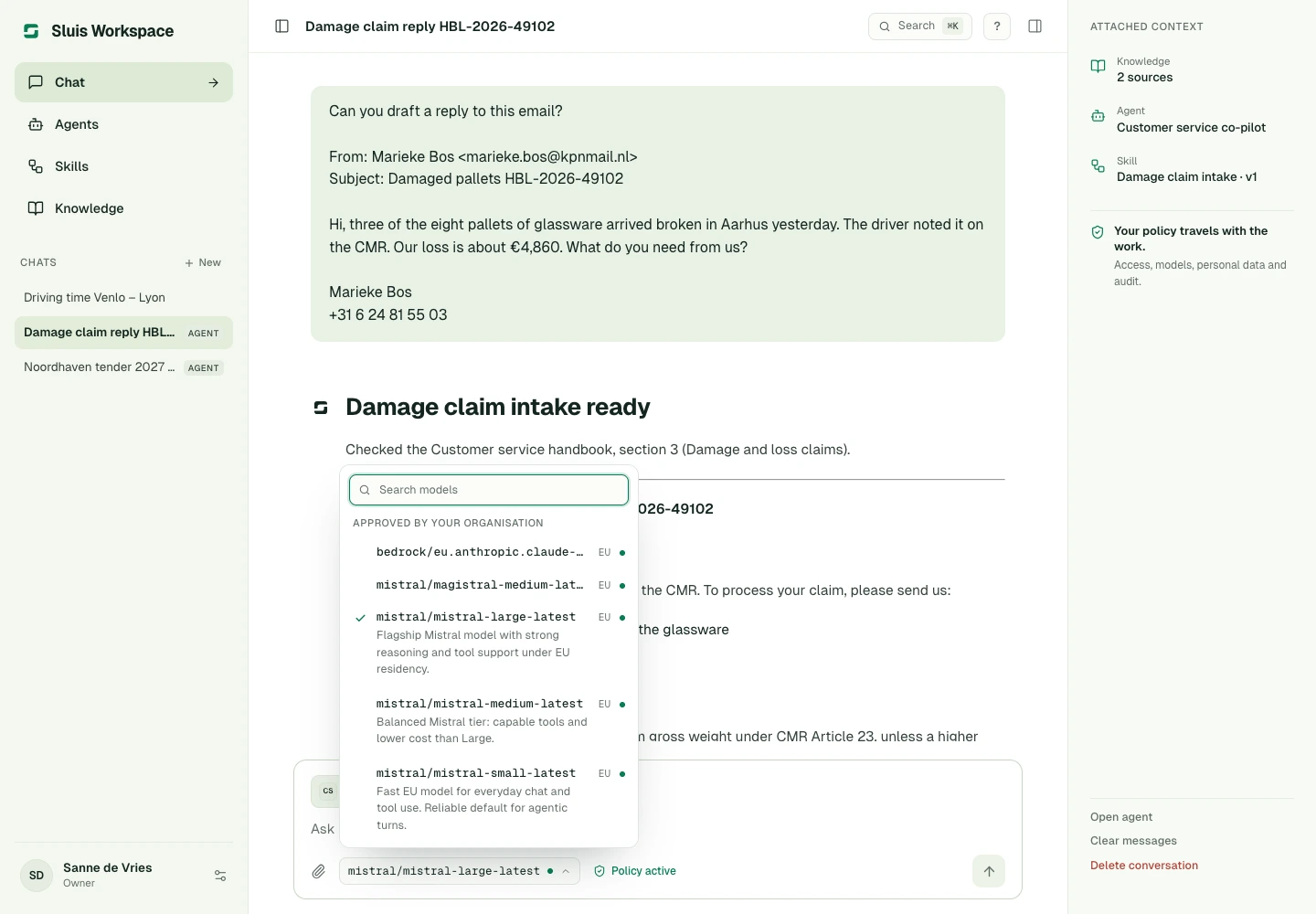 The model picker with available models and their capabilities.
