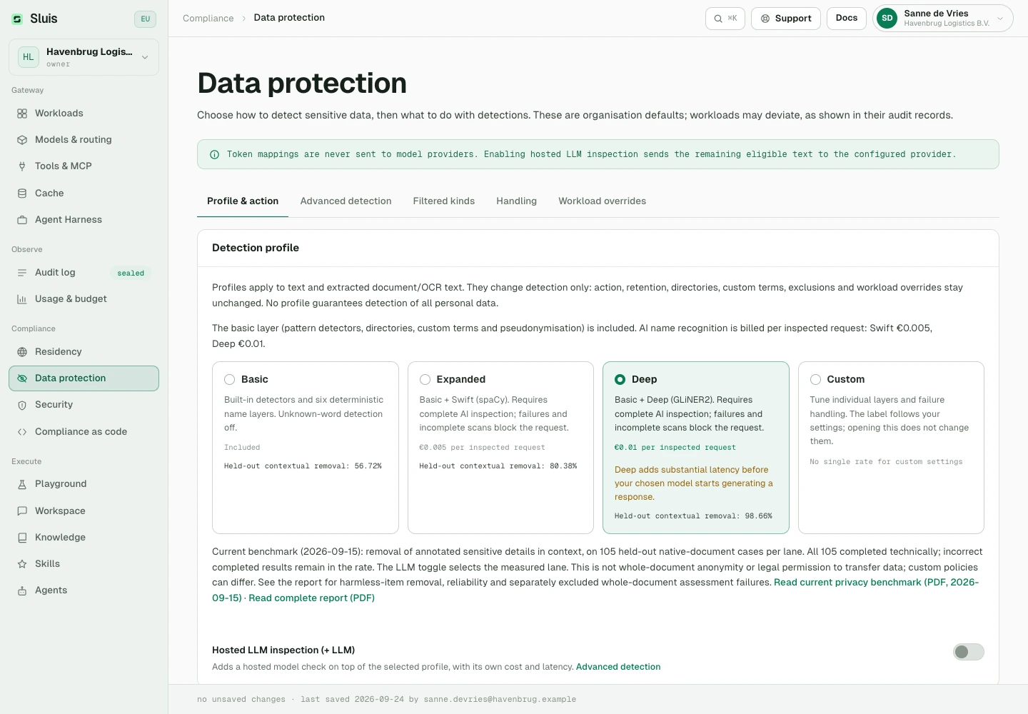 The organisation's data-protection controls in the console.