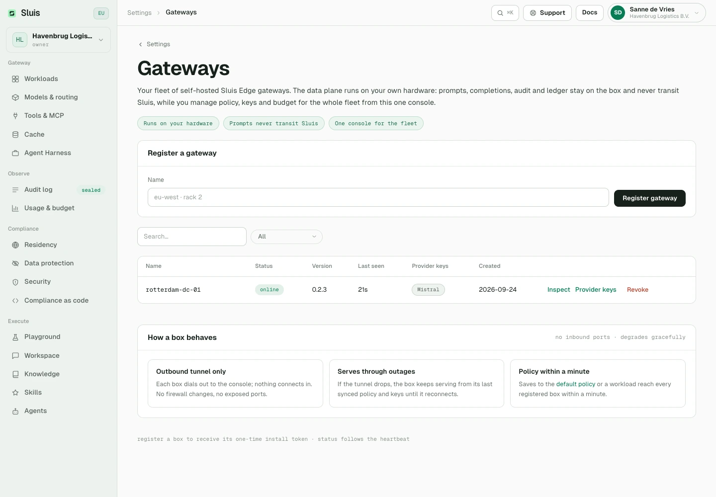 Sluis Edge fleet: registered gateways, live status and management actions.