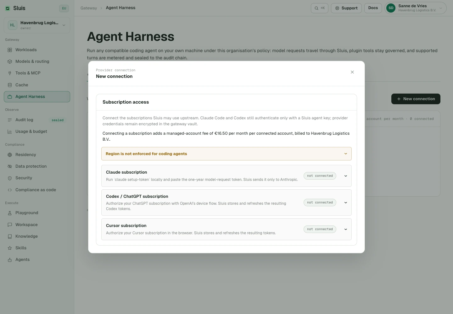 Agent Harness subscriptions: connect a provider account for local coding agents.