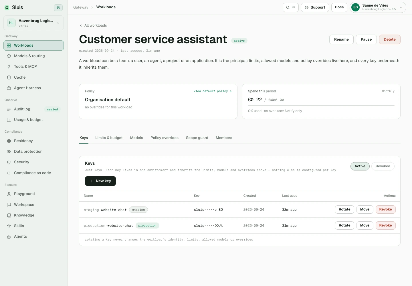Workload credentials: manage API keys and their access settings.
