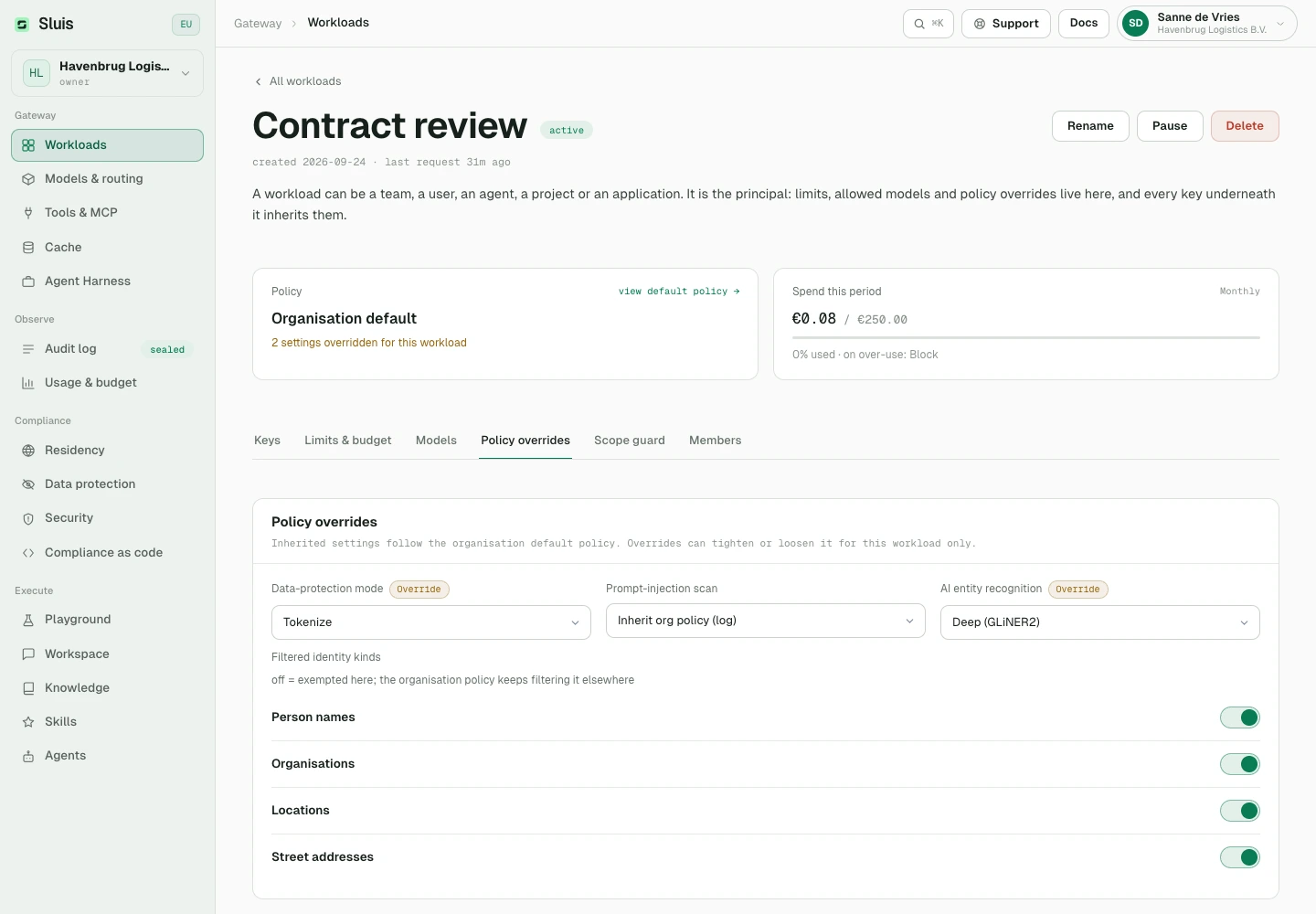 Workload policy overrides: choose deviations from the organisation defaults.