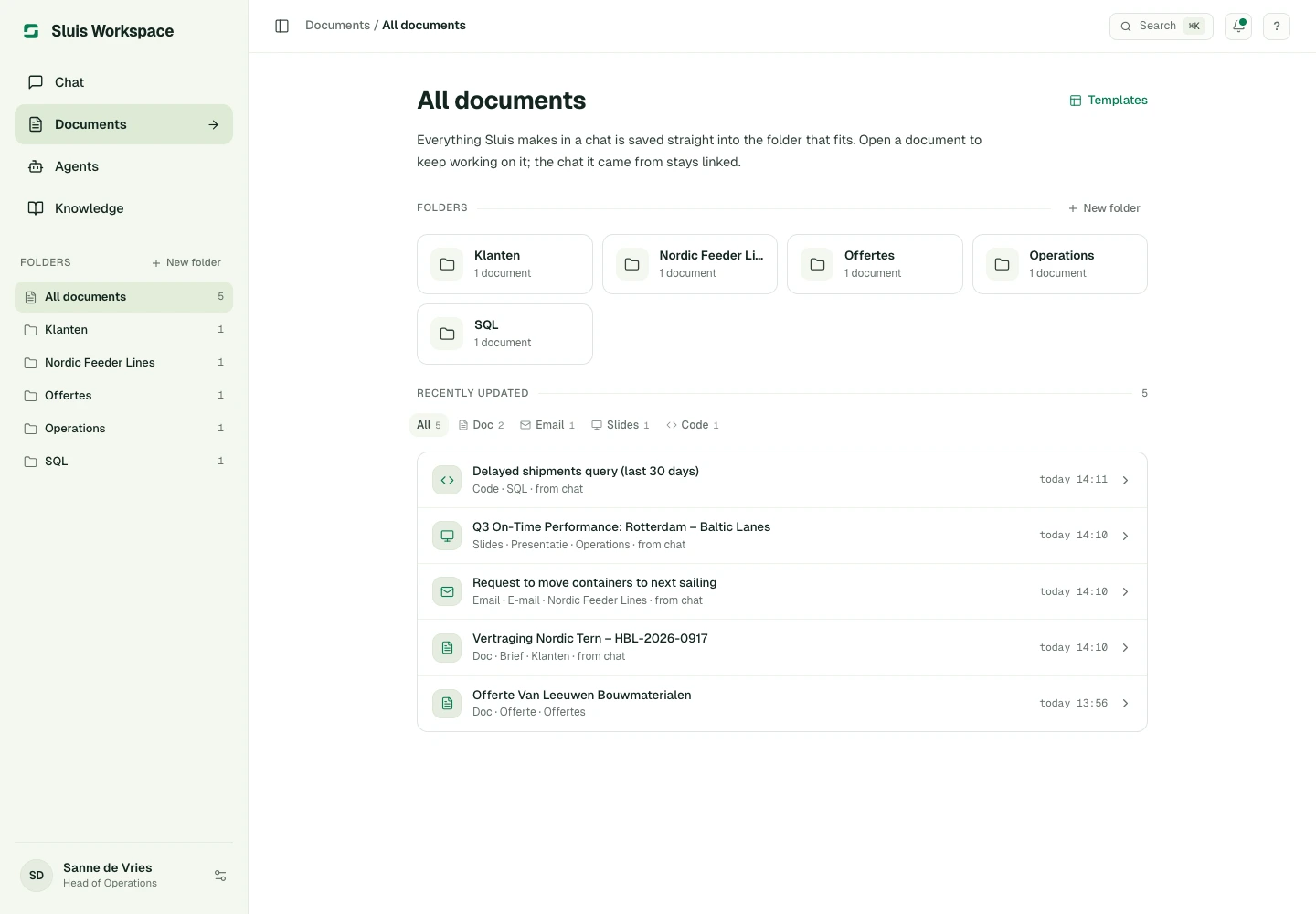 Documents: folders, documents of several kinds and the type filter.