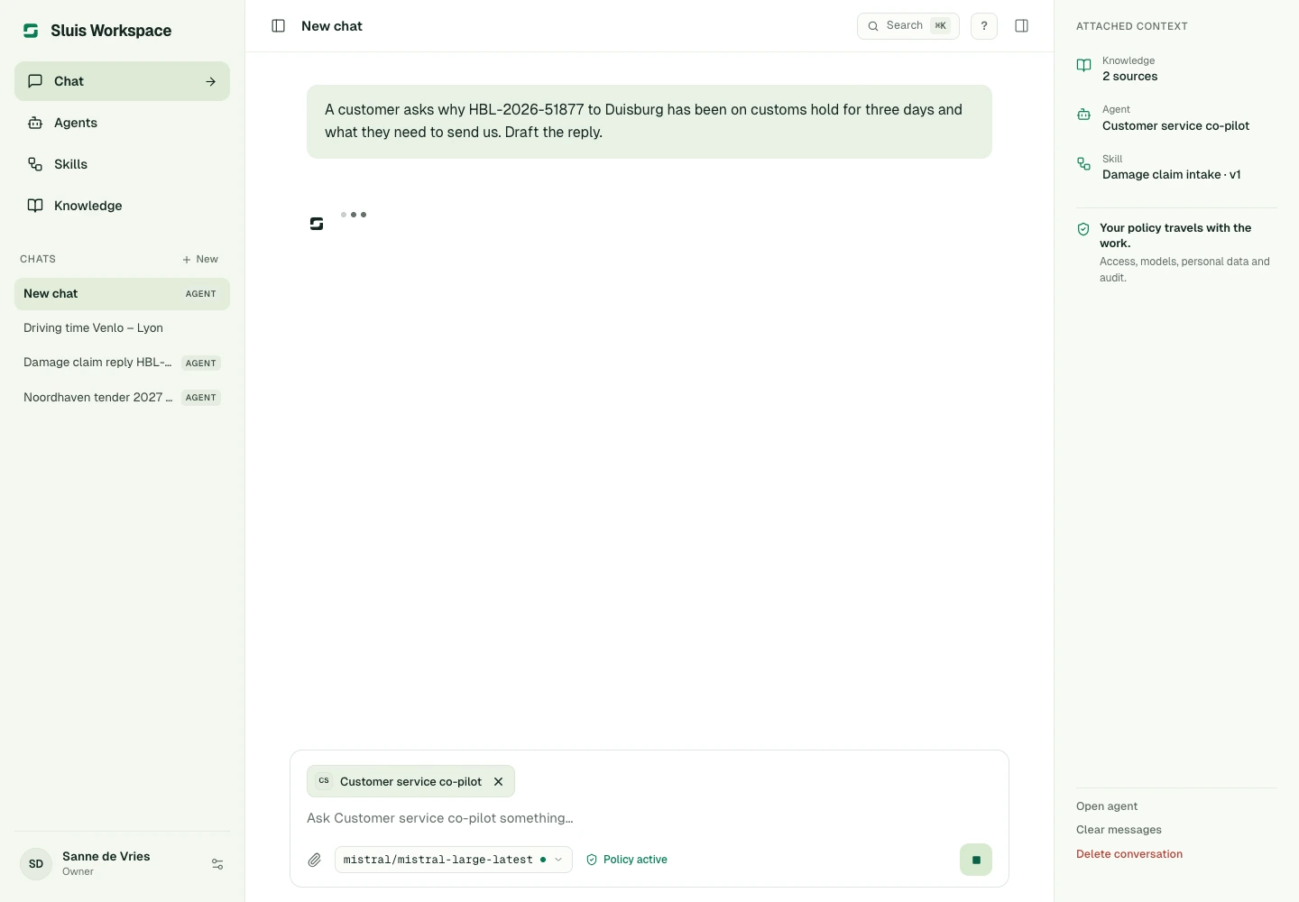 An agent's answer being written: the send button has become Stop generating.